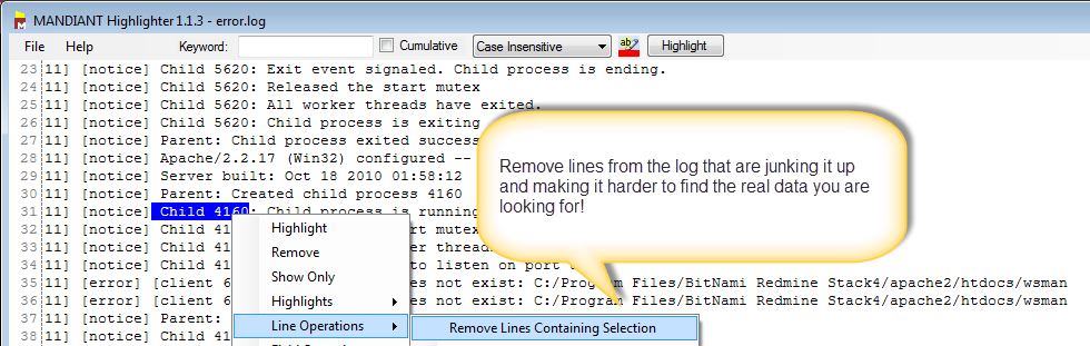 Removing lines from the log file